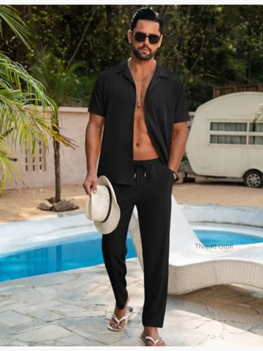 Men's 2 Piece Summer Outfit Short Sleeve Button Down Shirt & Elastic Pants Set